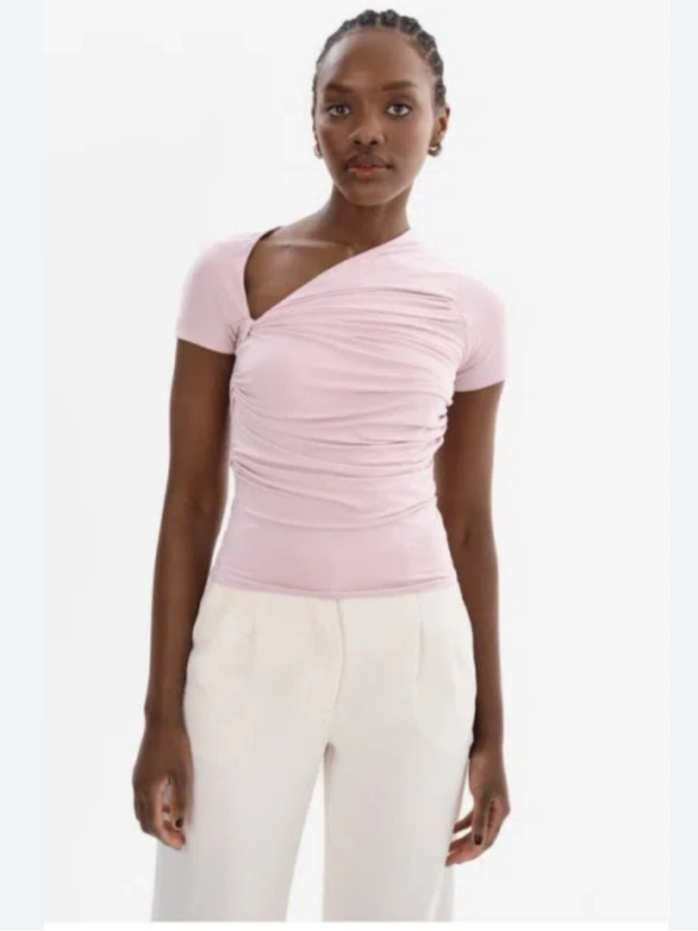 Lamarque Light Pink Ruched Asymmetric Neck Short Sleeve Top